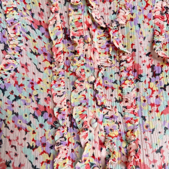 Rebecca Taylor | Silk & Cotton Pink Speckled Ruffle Ruched Blouse - Size 2 - Picture 6 of 14